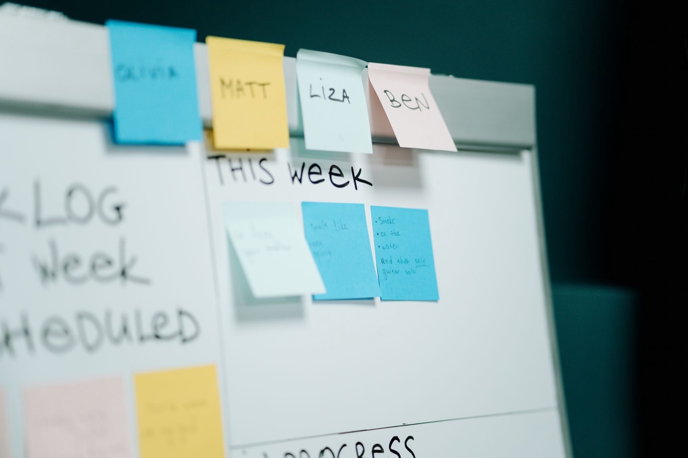 Whiteboard mit bunten Haftnotizen zur Wochenplanung